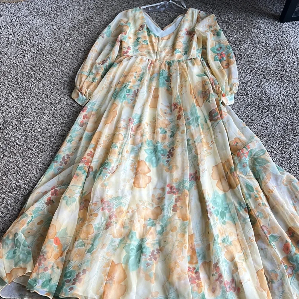 Vintage 70s Chiffon Yellow Floral Floor Length Dress Sz 14 By Union Made - Picture 7 of 16